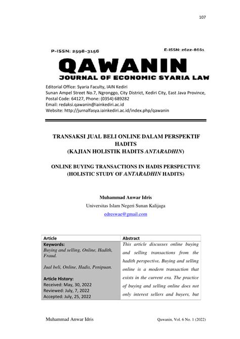 PDF TRANSAKSI JUAL BELI ONLINE DALAM PERSPEKTIF HADIS KAJIAN