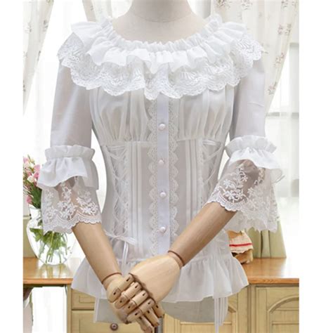 White Victorian Lace And Chiffon Blouses Ruffled Collar Half Flare Sleeve Victorian Corset Shirt