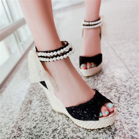 [gh10097]beaded Ankle Strap Lace Bowknot High Wedge Heel Sandal On Luulla