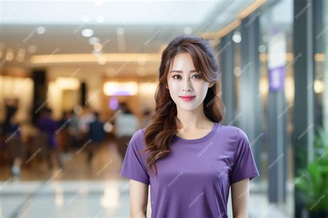 Premium Photo Asian Woman Wearing Purple Tshirt Smiling On Blurred