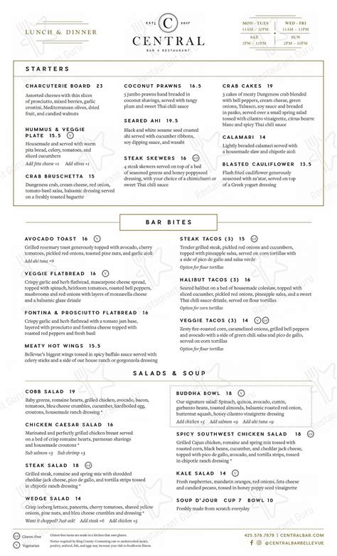 Menu at Central Bar + Restaurant, Bellevue