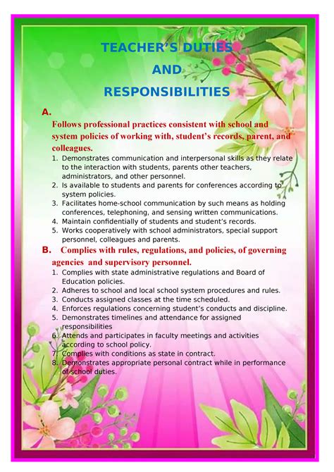 Teachers Duties And Responsibilities Teacher’s Duties And Responsibilities A Follows