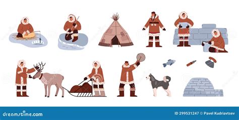 Set Of Eskimos Characters Life People Holding Spear Building Igloo