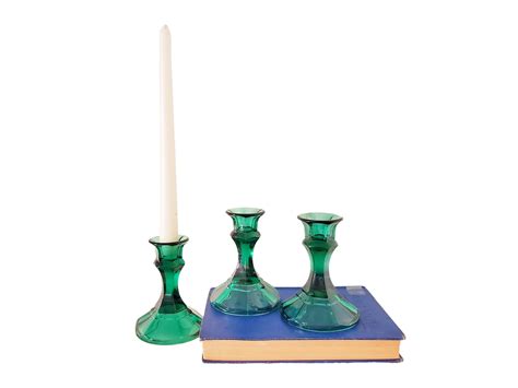 Set Of Three Vintage Emerald Green Glass Tapered Candlestick Etsy