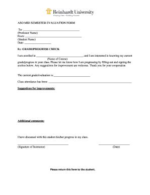 Fillable Online Reinhardt ASO MID SEMESTER EVALUATION FORM Reinhardt