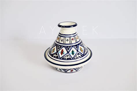 Mini handmade ceramic tajine with blue graphic patterns - Ayshek