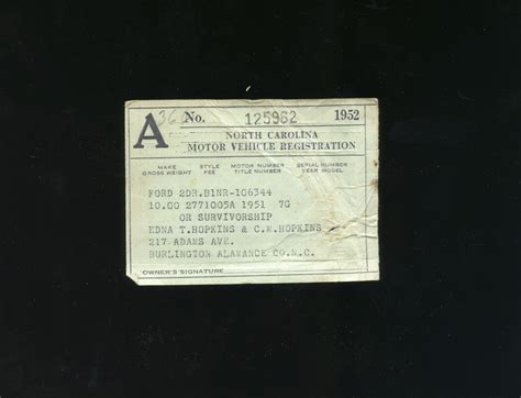 1952 North Carolina Nc Motor Vehicle Registration Card 2 Door Ford Ebay