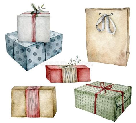 Watercolor Christmas Set With Gift Boxes And Package Hand Painted