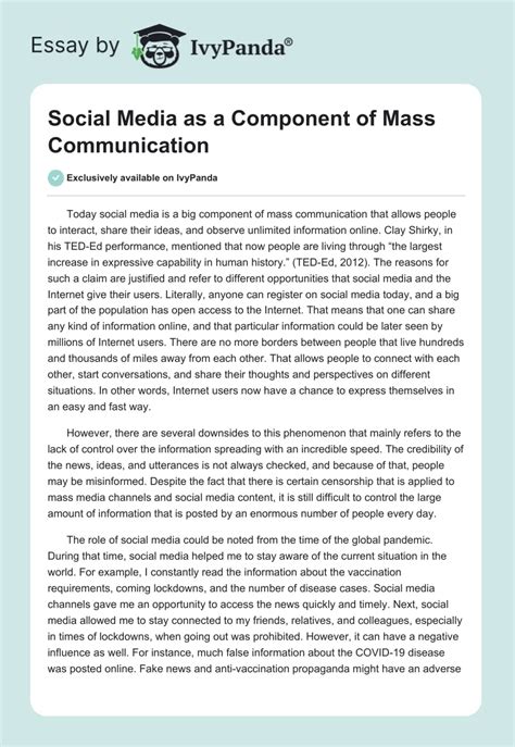 Social Media As A Component Of Mass Communication 392 Words Essay Example