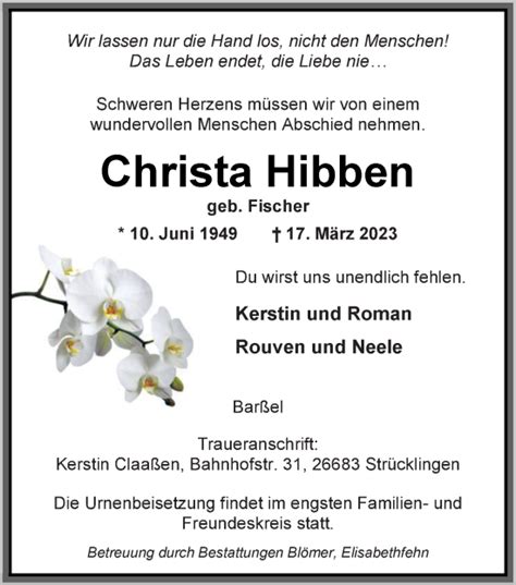 Traueranzeigen Von Christa Hibben Nordwest Trauer De