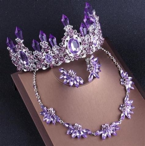 Noble Purple Crystal Bridal Jewelry Sets Necklaces Earrings Crown