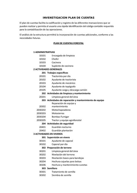 PLAN DE Cuentas Forestal INVENSTIGACION PLAN DE CUENTAS El Plan De