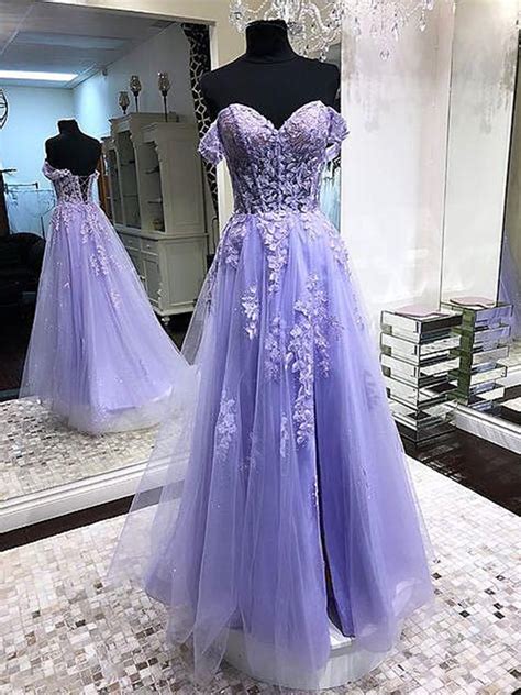 Glam Off Shoulder Lavender Lace Long Prom Dresses Lilac Lace Formal