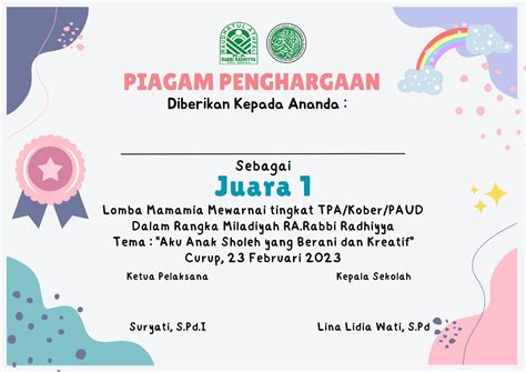 Piagam Penghargaan Lomba Tingkat Paud Template Buku Mewarnai Desain