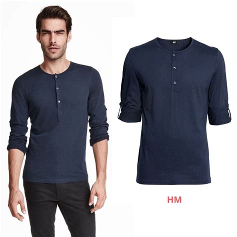 Jual ALL SIZE HM Men Henley T Shirt Kaos Pria Lengan Panjang