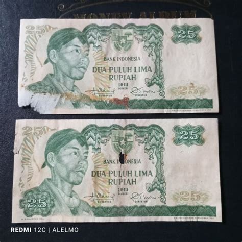 Jual Paket 2 Lembar 25 Rupiah Uang Kertas Sudirman Tahun 1968 Jelek