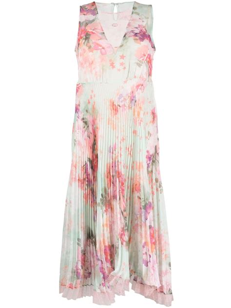 Twinset Floral Pleated Midi Dress Pink Farfetch