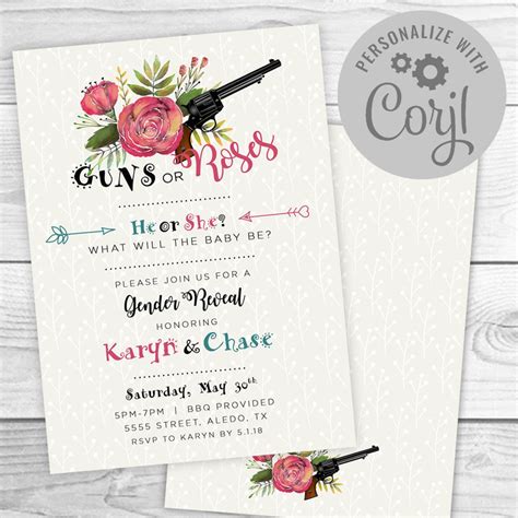 Guns or Roses Gender Reveal Evite Invitation Baby Shower Edit Yourself With Corjl Template - Etsy