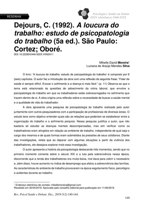 Pdf Dejours C A Locura Do Trabalho Estudo De