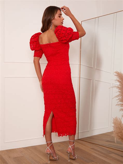 Puff Sleeve Lace Long Midi Dress In Red Chi Chi London