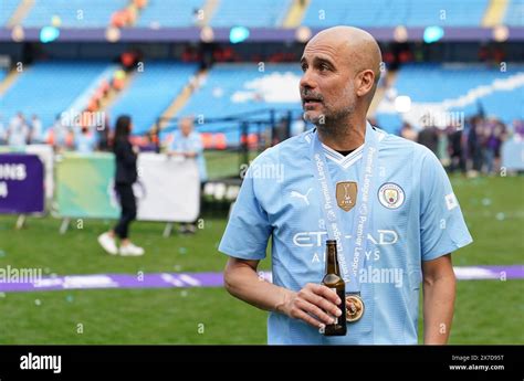 Manchester City Manager Pep Guardiola Celebrating After The Premier League Match At The Etihad