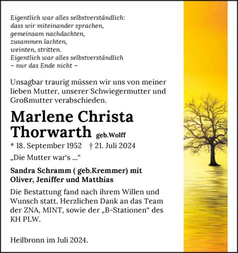 Traueranzeigen Von Marlene Christa Thorwarth Trauerundgedenken De