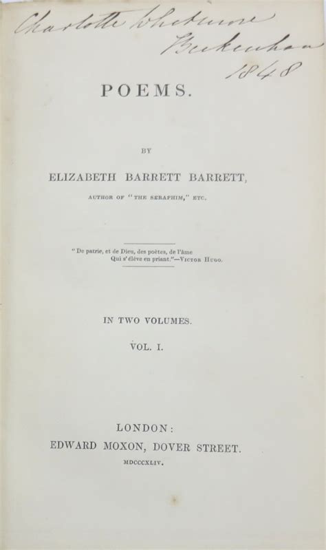 Poems By Elizabeth Barrett Barrett First Edition In Vols By