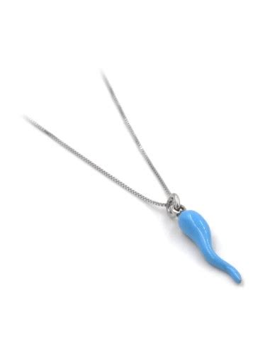 Collana Con Ciondolo Corno Portafortuna In Argento Smaltato Azzurro