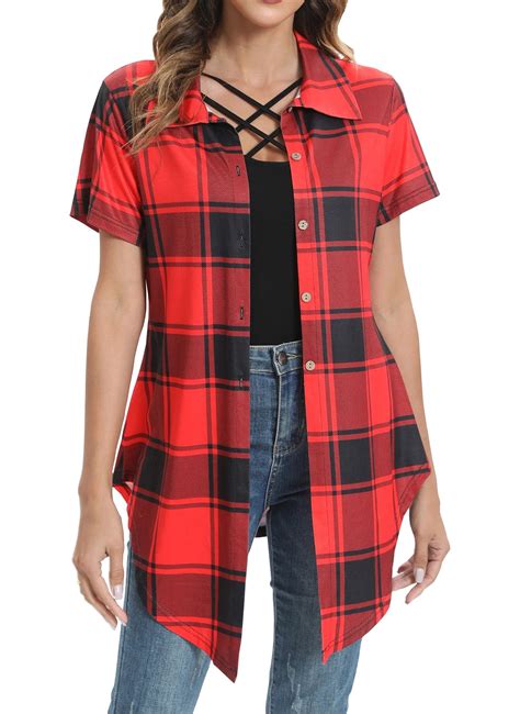 Fantaslook Short Sleeve Plaid Shirts For Women Casual Button Down