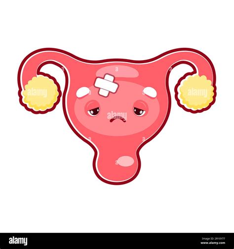 Cartoon Sick Uterus Organ Character With Medical Patch Woman Health And Anatomy Isolated