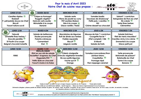 Menu Cantine Scolaire Avril 2023 Vivre A Seillons