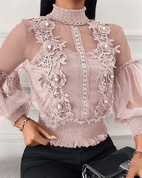 Sheer Mesh Floral Pattern Lace Beaded Top Pcs