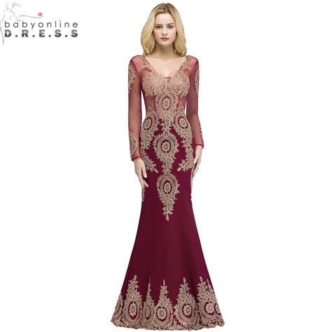 Babyonlinedress Long Sleeve Mermaid Lace Burgundy Evening Dress Sexy V