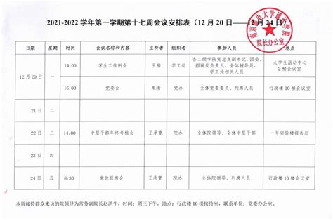 2021 2022学年第一学期第十七周会议安排表