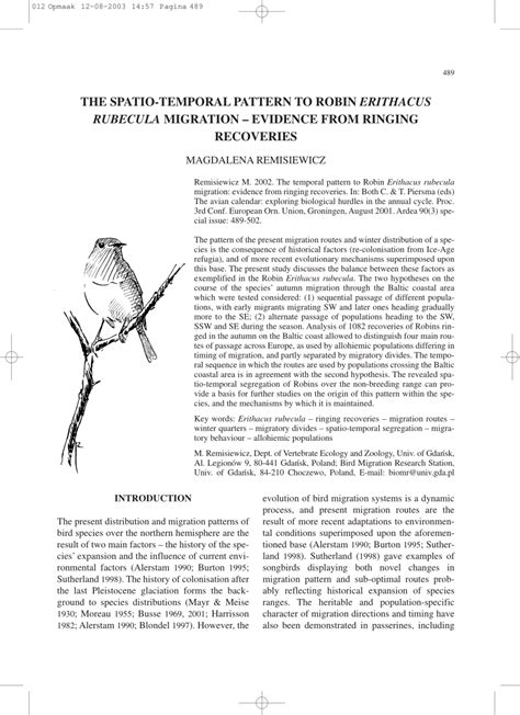 PDF The Spatio Temporal Pattern To Robin Erithacus Rubecula Migration