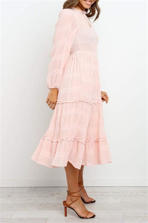 Long Sleeves Elasticised Waist Shirred Bodice Midi Pink Dress