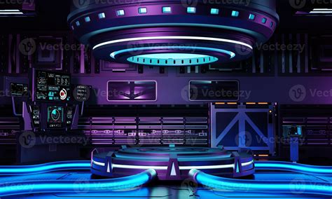 Cyberpunk Sci Fi Product Podium Showcase In Spaceship With Blue Purple