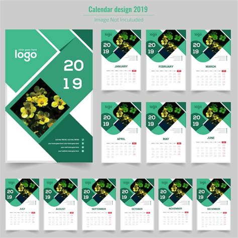 Premium Vector Green Wall Calendar 2019