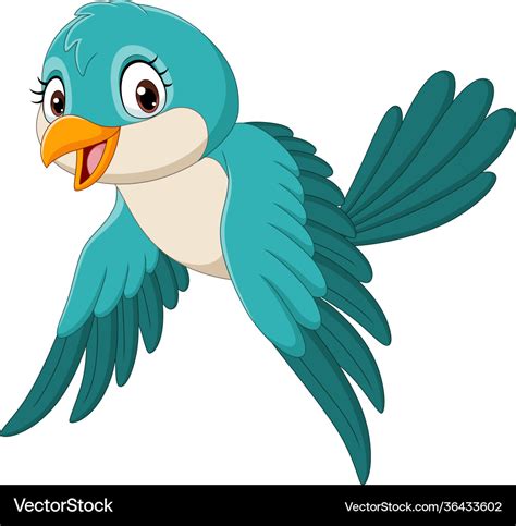 Cartoon funny bird flying isolated on white backgr