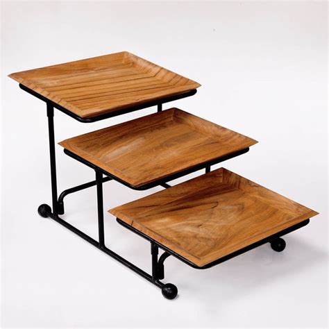 Teak Wood Tier Rectangular Serving Platter With Iron Stand In