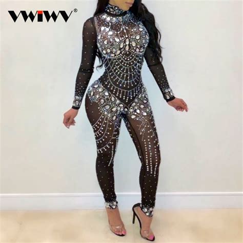 Check Our Women Sequin Rhinestone Diamonds Jumpsuits Long Sleeve Skinny Bodysuits Price 6143