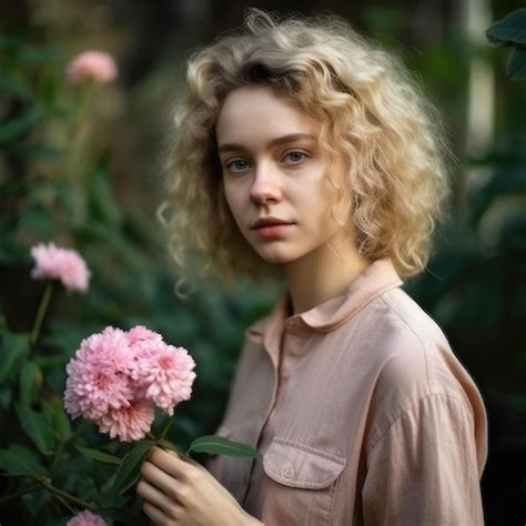 Premium AI Image A Woman With Blonde Hair Holds A Pink Flower In Her