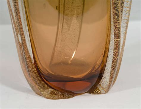 Midcentury Murano Glass Vase In Green And Amber With Gold Leaf At