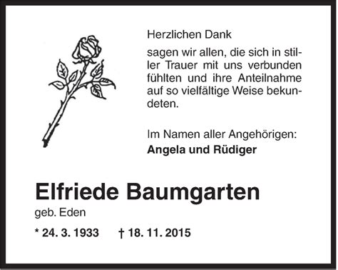 Traueranzeigen Von Elfriede Baumgarten Nordwest Trauer De