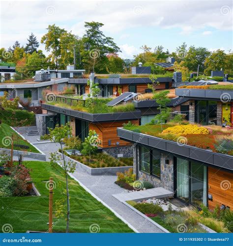 Modern Eco-Homes with Green Roofs Stock Photo - Image of residential