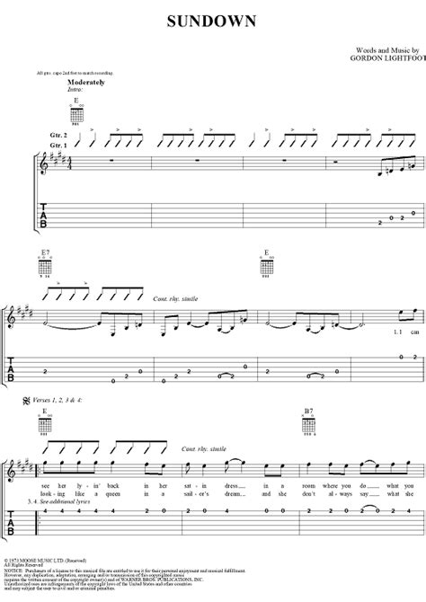 Sundown Sheet Music By Gordon Lightfoot For Easy Guitar Tab Vocal