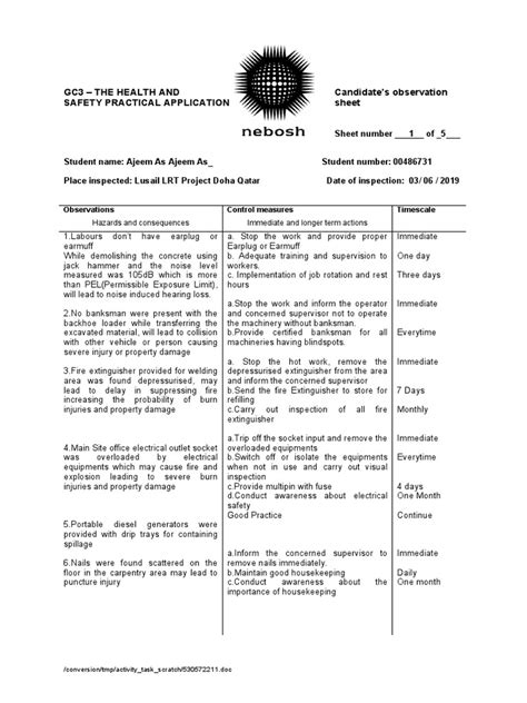 Gc3 The Health And Candidate S Observation Safety Practical Application Sheet Pdf Personal