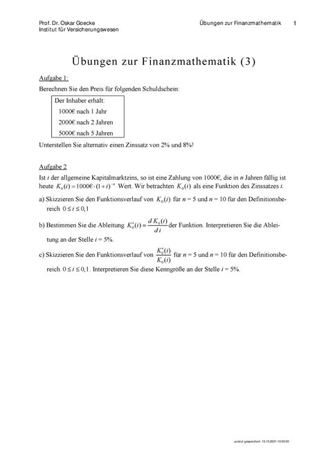Finanzmathematik Bung Prof Dr Oskar Goecke Bungen Zur Finanzm