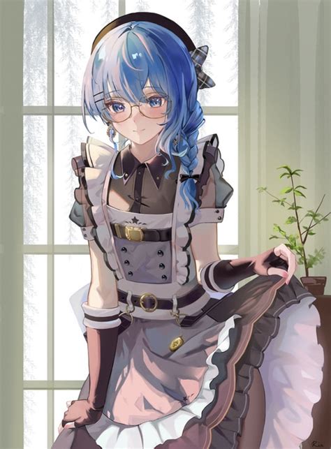 4k Smiling Maid Outfit Lifting Dress Blue Hair Glasses Blue Eyes