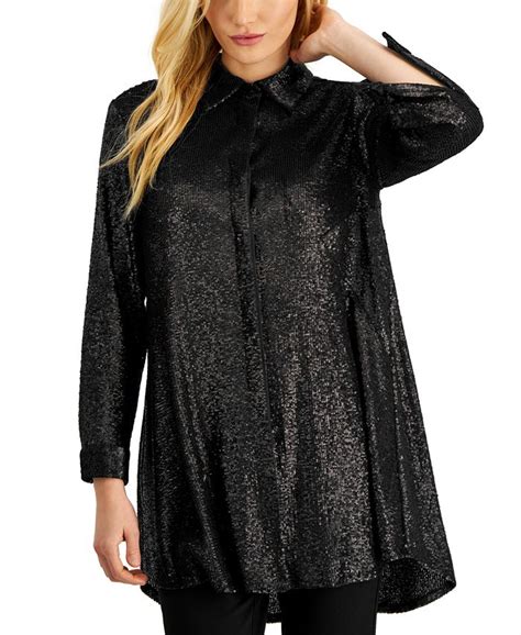 Donna Karan Womens Sequined Tunic Button Down Shirt Macys